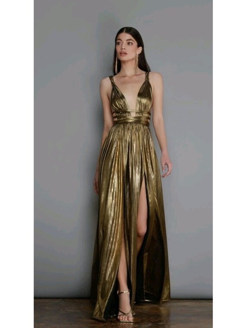 Faeriesty Goddess Gold Deep Plunge V Neck Maxi Dress Large Side Slit